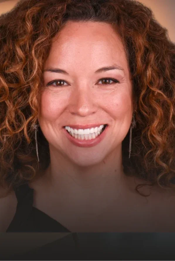 red head woman smiling wide open