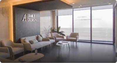 lobby of A1 Smile Design’s dental clinic, featuring sleek furniture, warm lighting