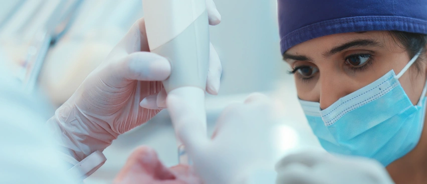 Close-up of cosmetic dentistry procedure for dental veneers, dentist using dental tool, porcelain veneers treatment process, smile makeover clinic, professional dental care